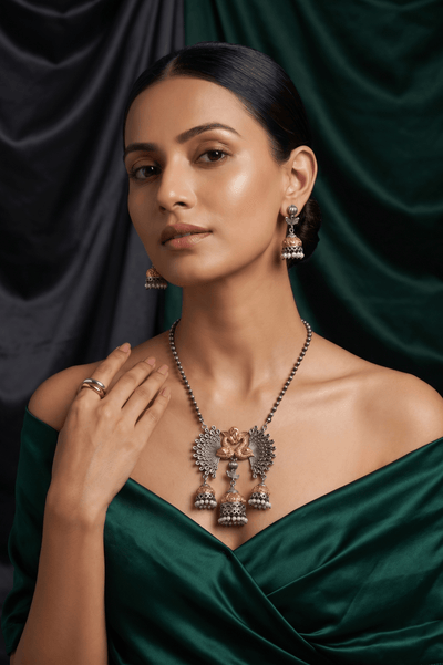Festive Gold - Silver Peacock Jhumka Necklace - Maxiblink