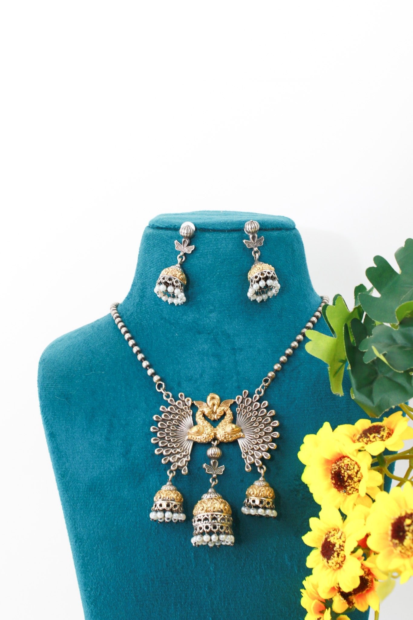 Festive Gold - Silver Peacock Jhumka Necklace - Maxiblink