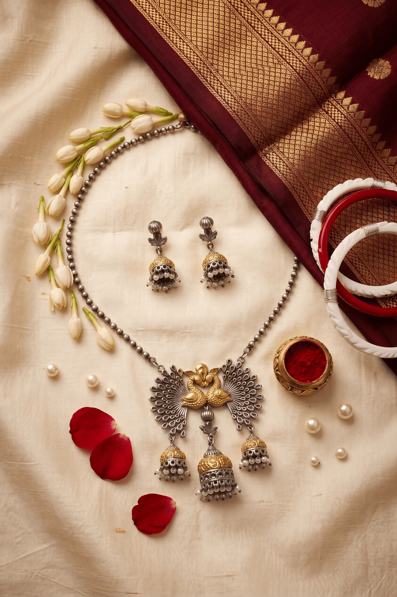 Festive Gold - Silver Peacock Jhumka Necklace - Maxiblink