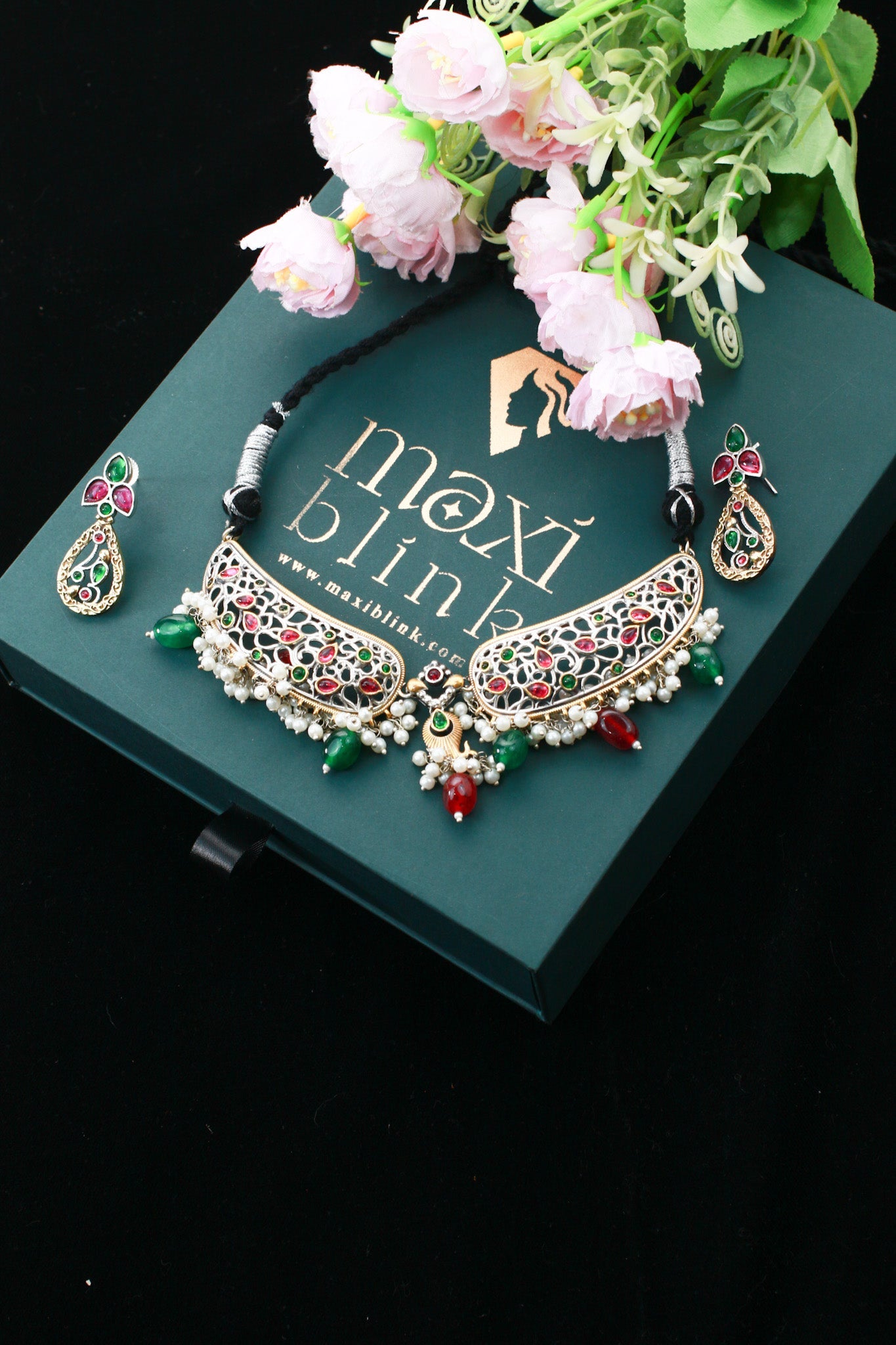 Festive Green Pink Pearl Drop Collar Necklace Set - Maxiblink