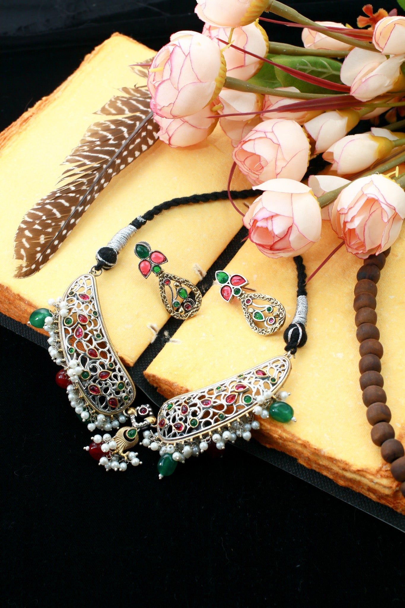 Festive Green Pink Pearl Drop Collar Necklace Set - Maxiblink