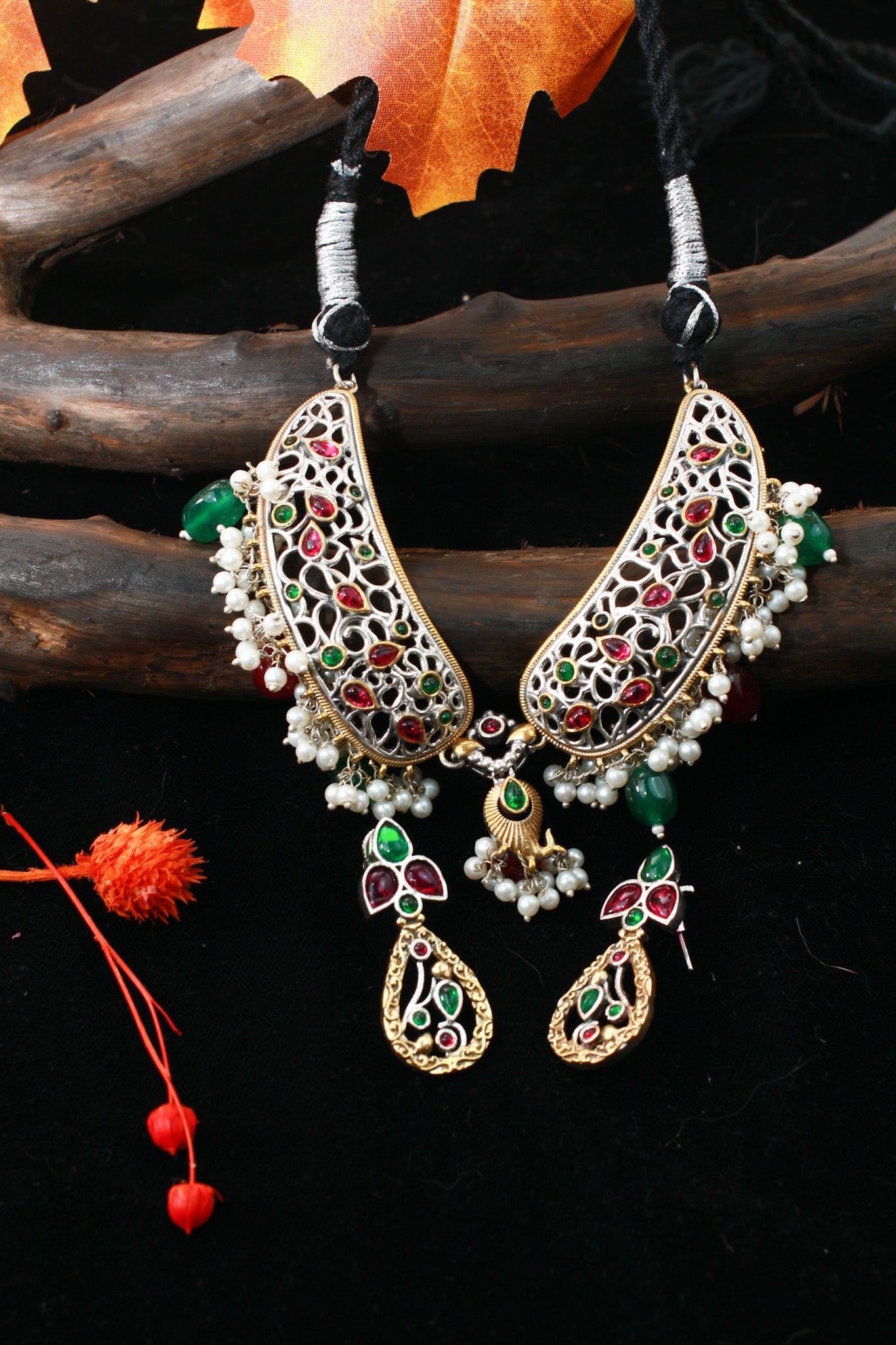 Festive Green Pink Pearl Drop Collar Necklace Set - Maxiblink