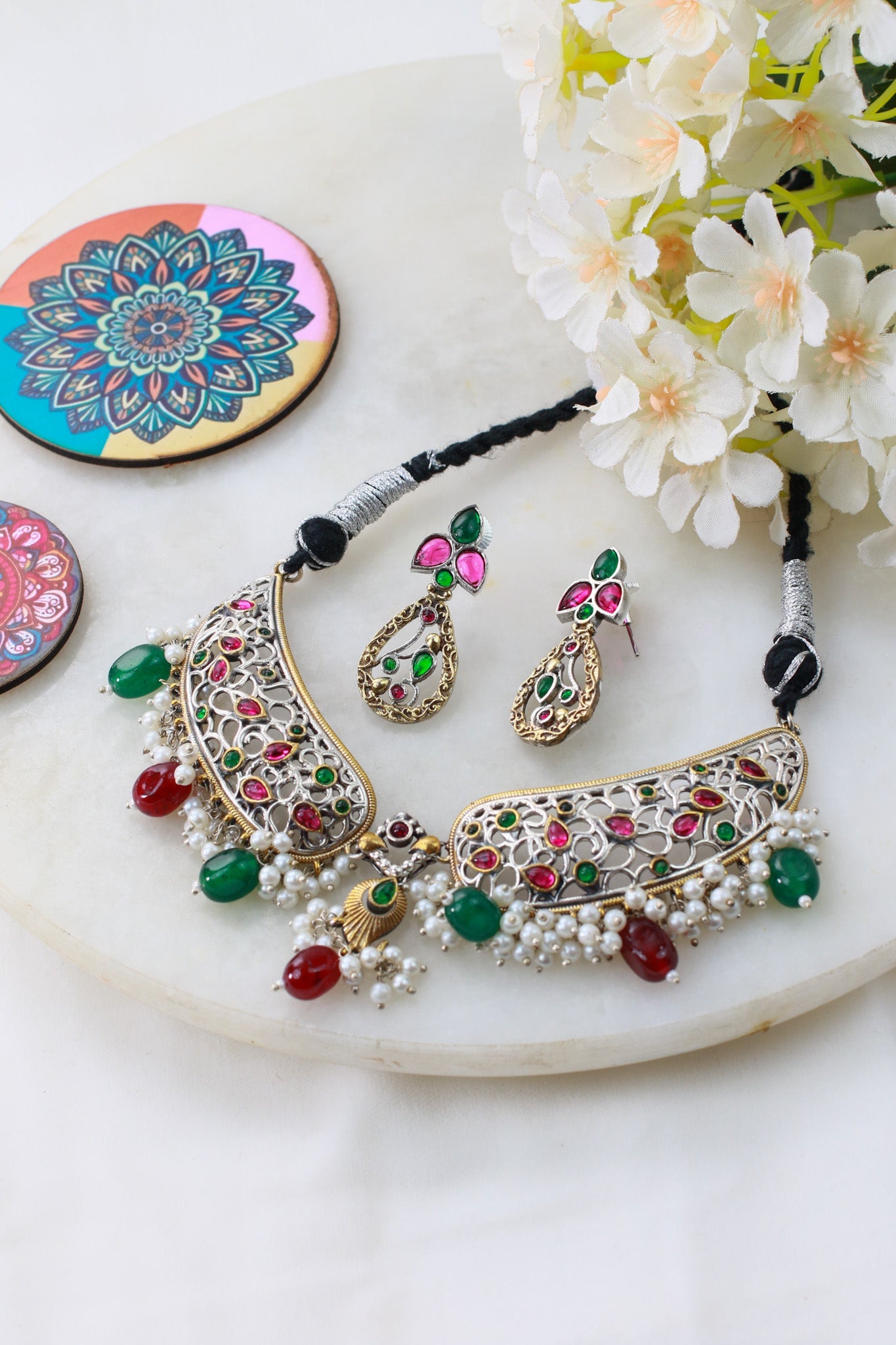 Festive Green Pink Pearl Drop Collar Necklace Set - Maxiblink