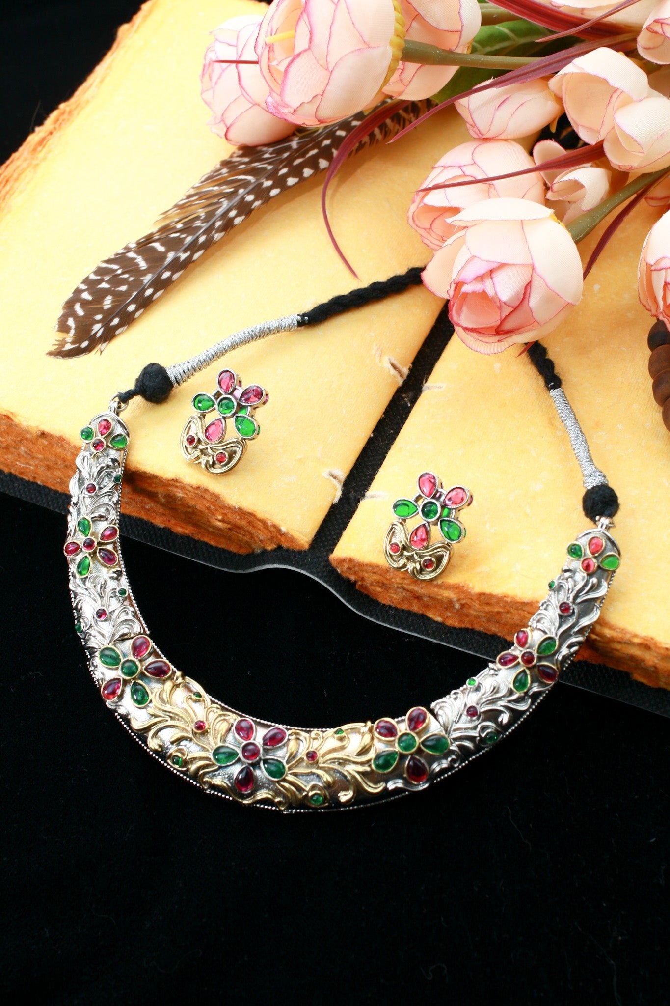 Festive Multicolor Dual - Tone Floral Collar Necklace Set - Maxiblink