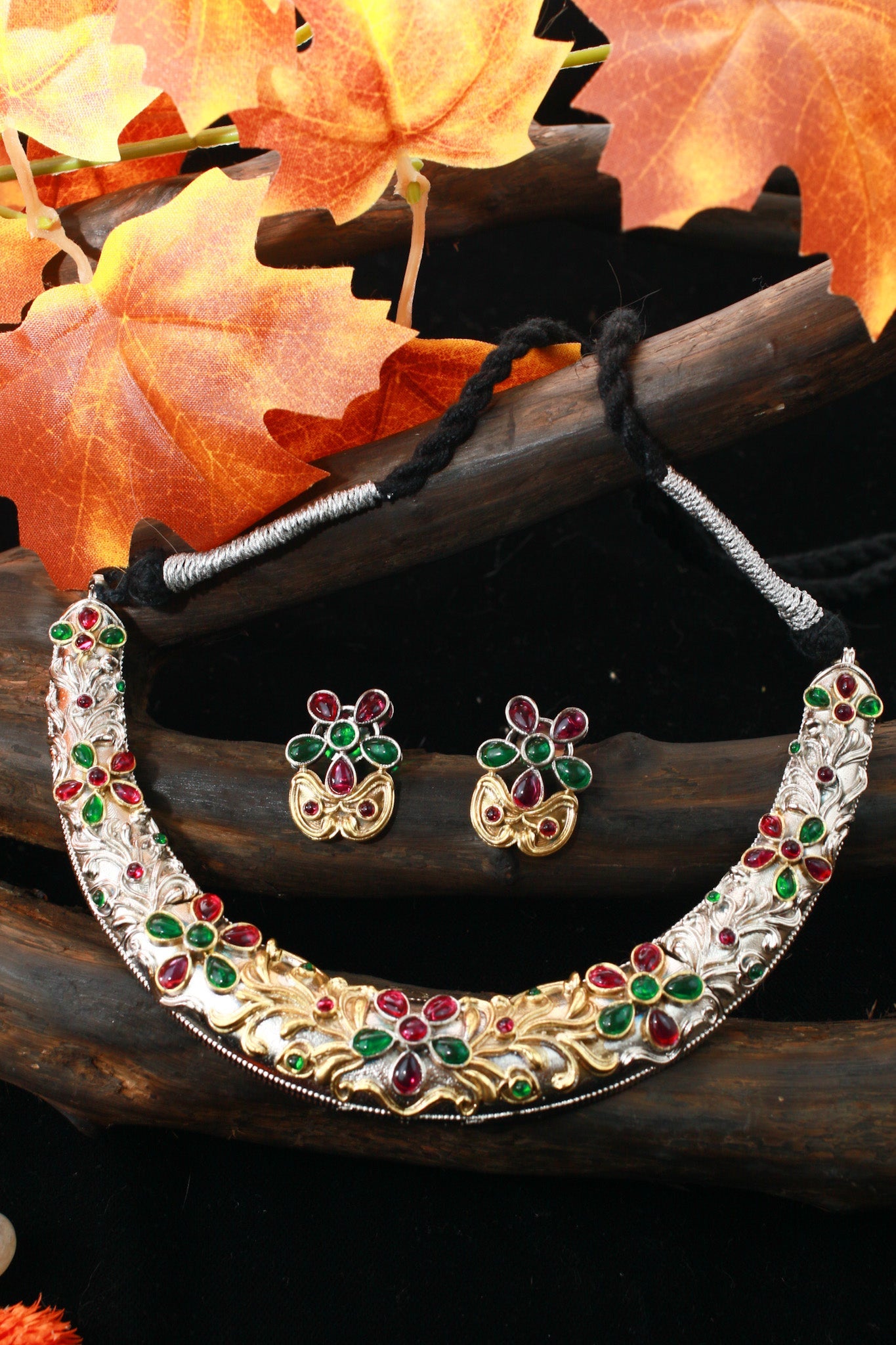 Festive Multicolor Dual - Tone Floral Collar Necklace Set - Maxiblink
