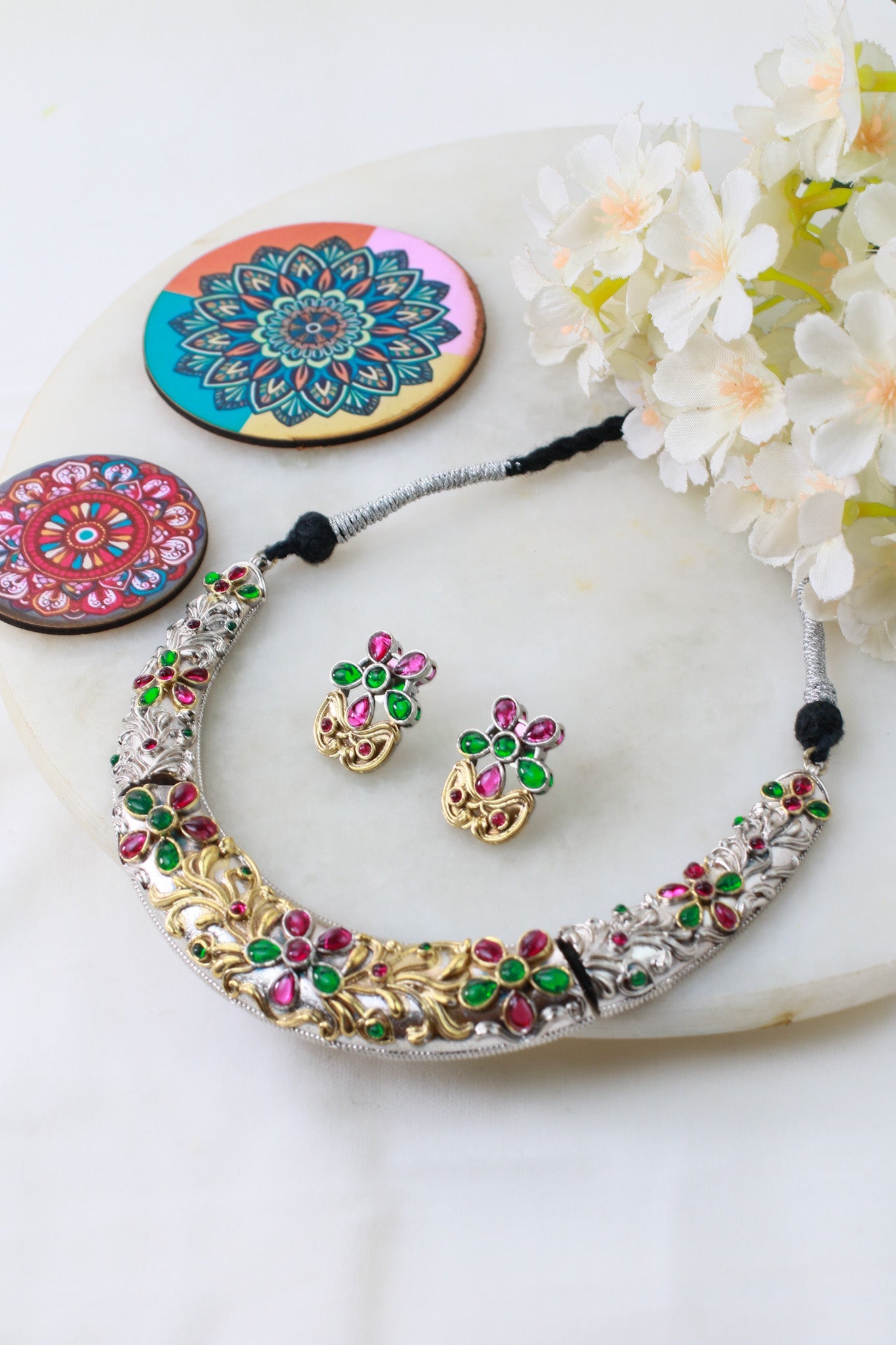 Festive Multicolor Dual - Tone Floral Collar Necklace Set - Maxiblink