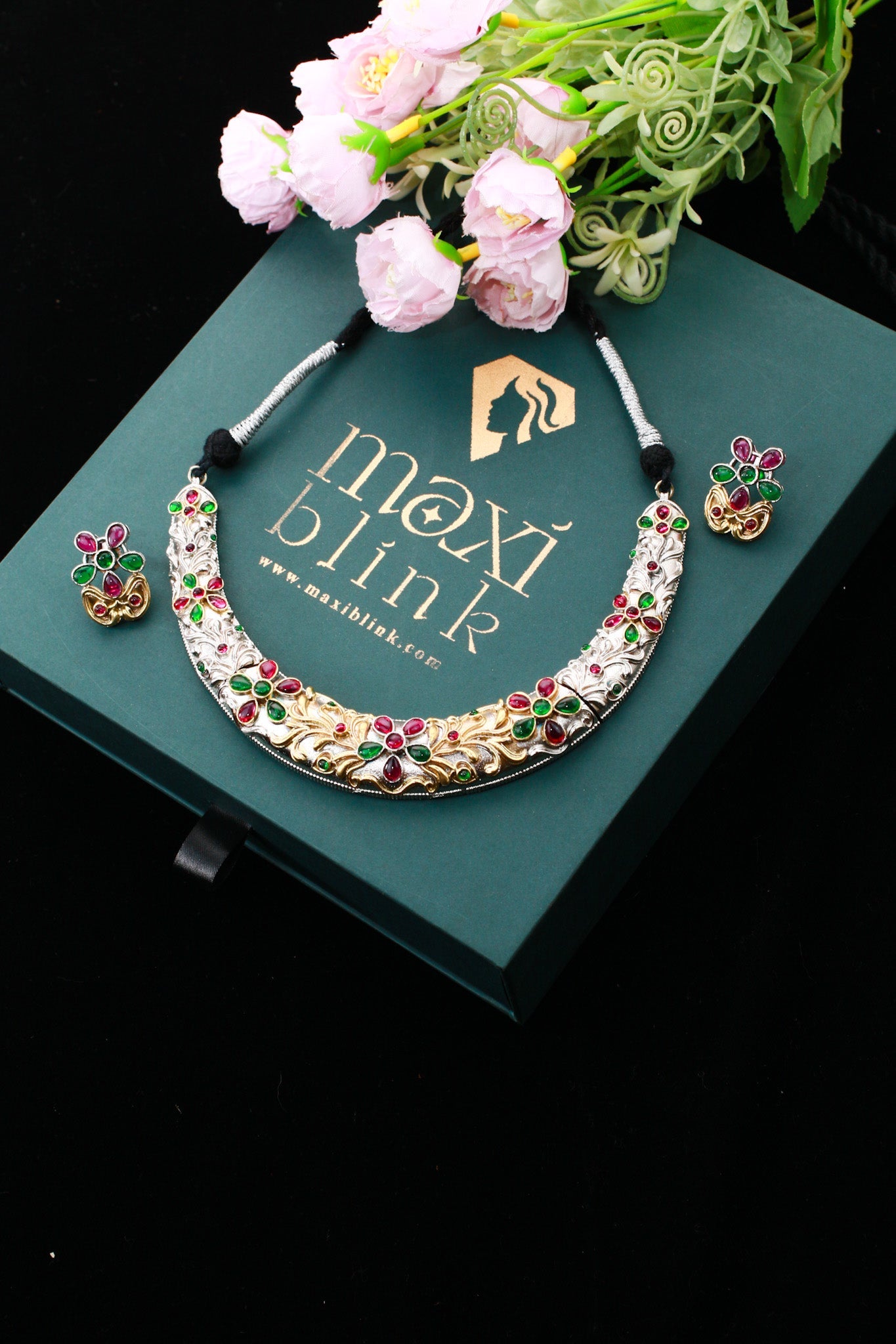 Festive Multicolor Dual - Tone Floral Collar Necklace Set - Maxiblink