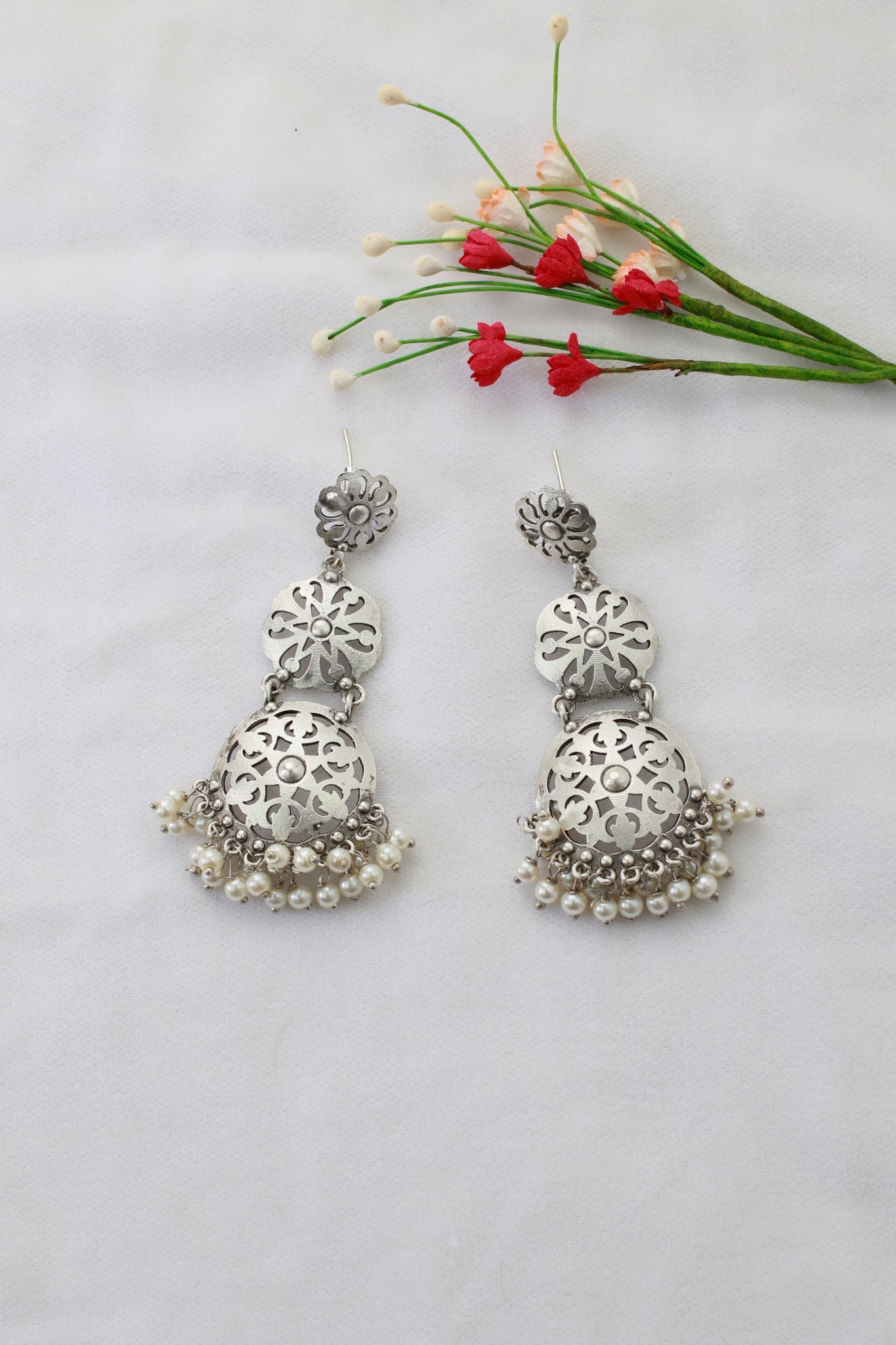 Filigree Pearl Drop German Silver Earrings – Antique Oxidised Look - Maxiblink