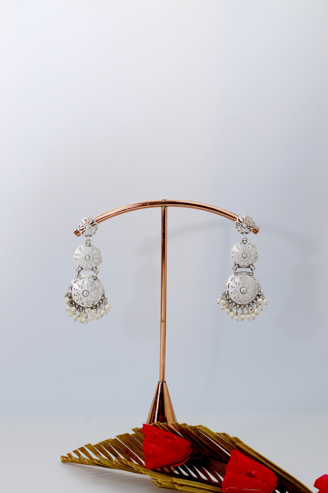 Filigree Pearl Drop German Silver Earrings – Antique Oxidised Look - Maxiblink