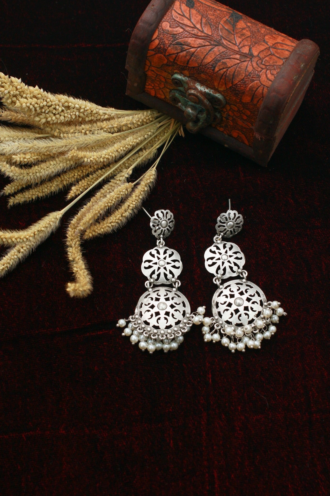 Filigree Pearl Drop German Silver Earrings – Antique Oxidised Look - Maxiblink
