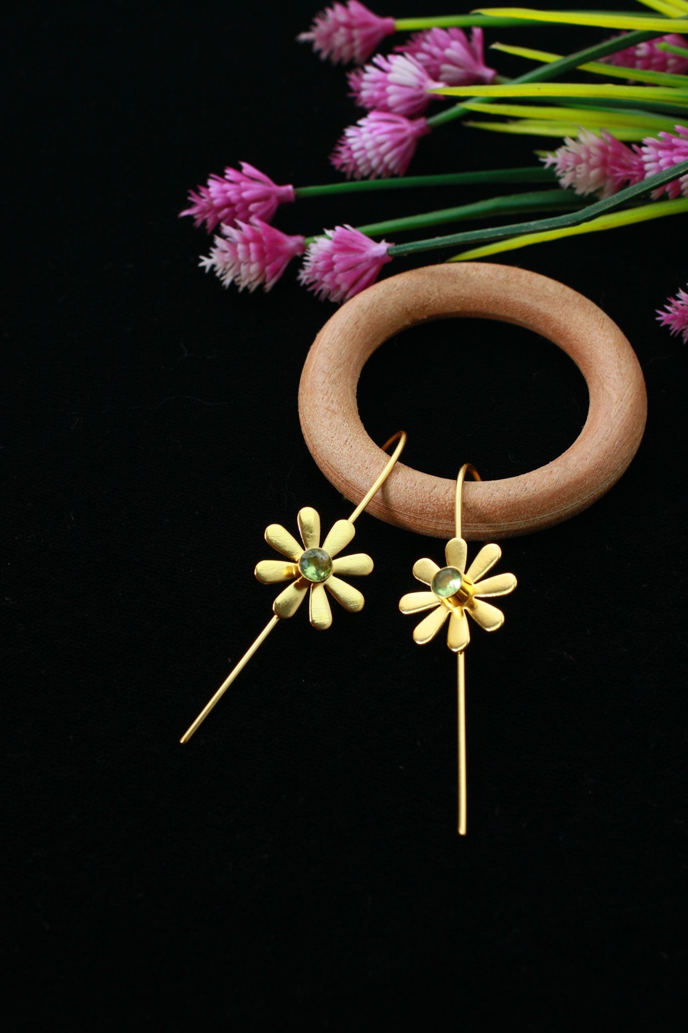 Floral Bugadi Earrings with Green Stone | Gold - Plated Brass, Lightweight - Maxiblink