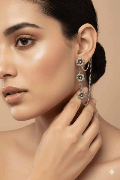 Floral Chain Ear Cuff in Oxidised German Silver – Non‑Pierced Boho Style - Maxiblink