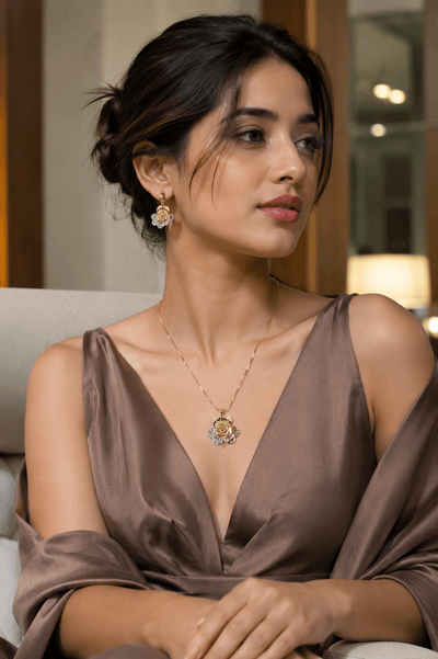 Floral Cluster Pendant Necklace & Earrings Set – Gold Tone - Maxiblink
