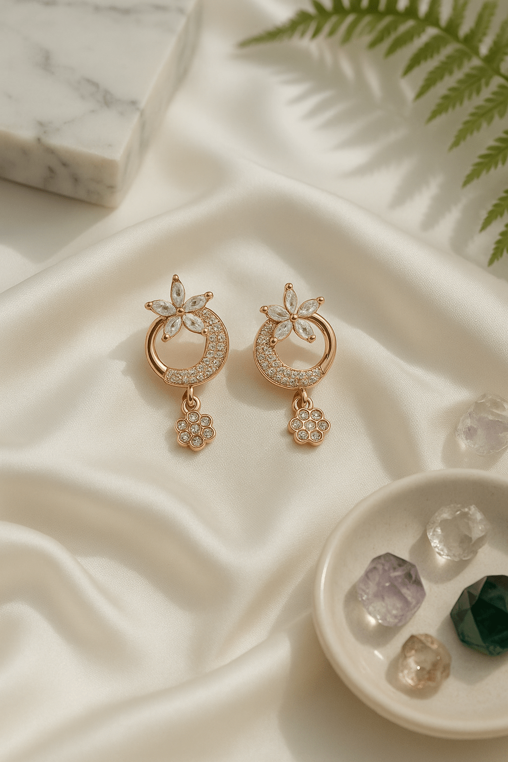 Floral Crescent Earrings with Hanging Flower - Maxiblink