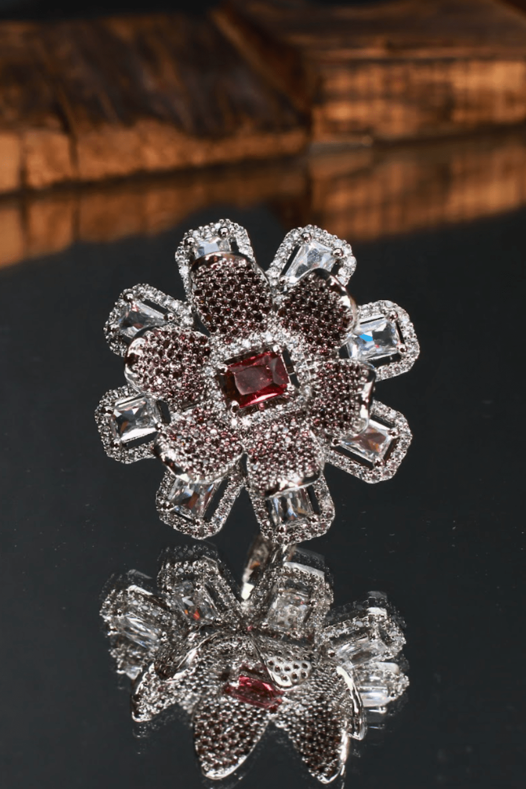 Floral Crimson Stone Finger Ring - Maxiblink