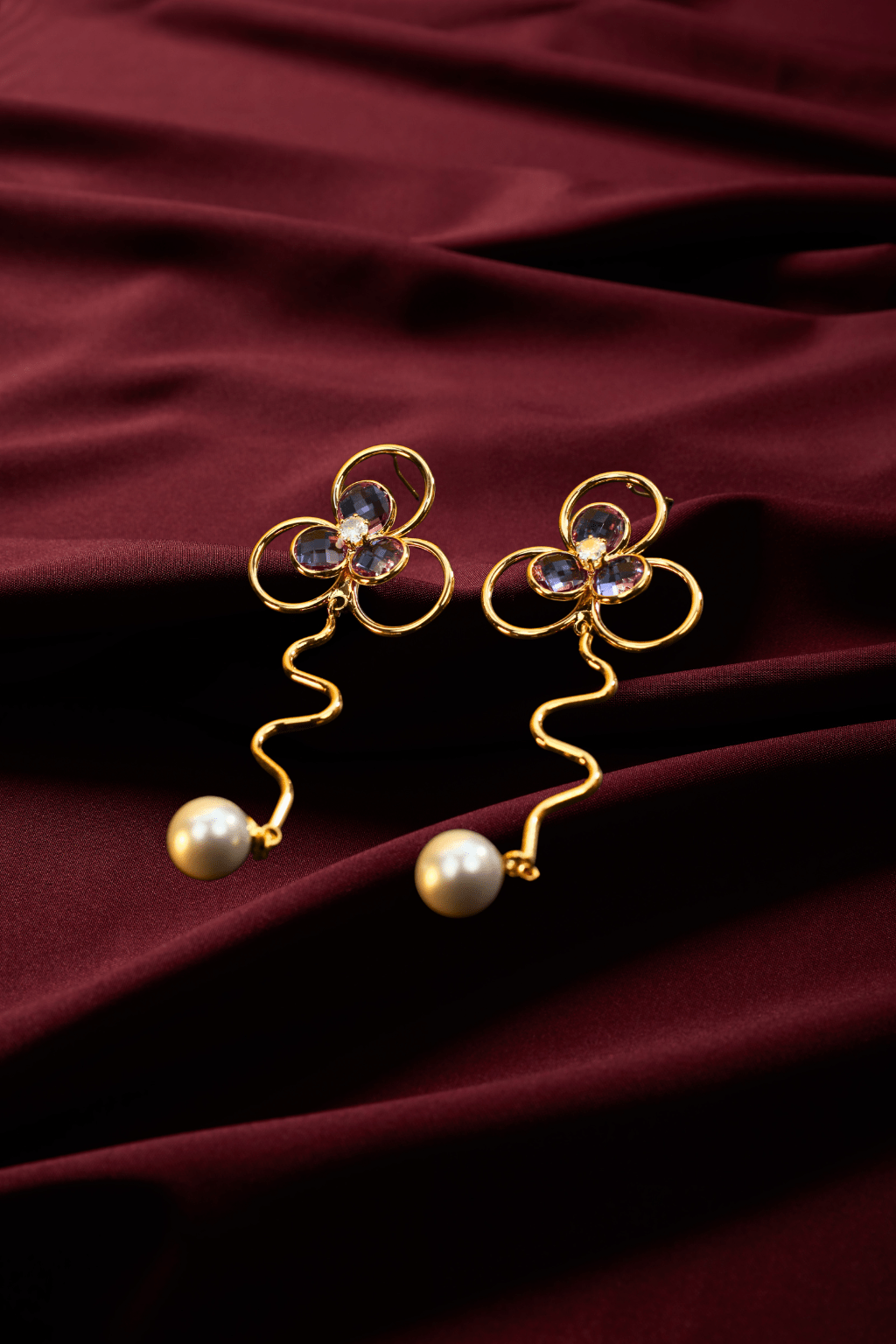 Floral Curve Earrings with Lavender Crystal & Pearl Drop - Maxiblink