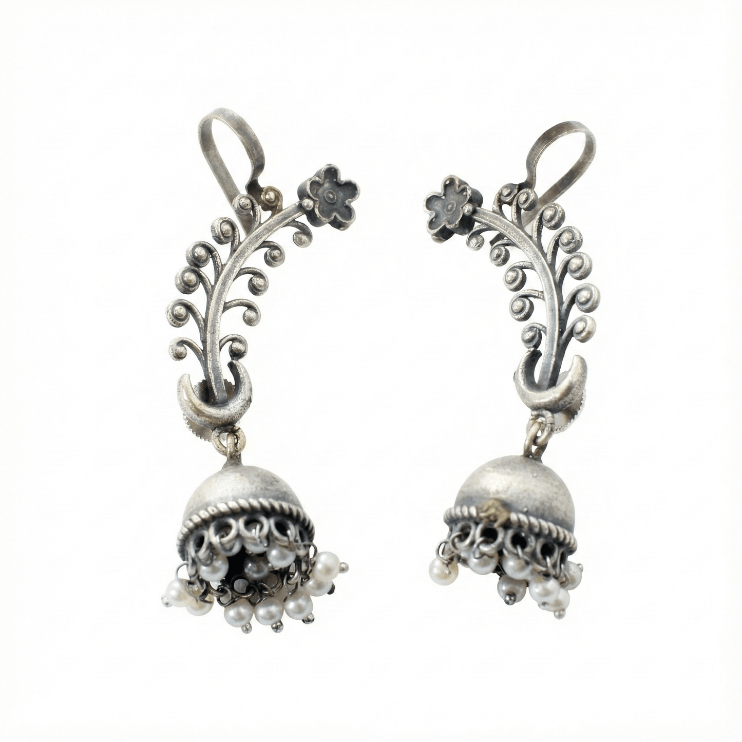 Floral Curve Oxidised German Silver Ear Cuff with Pearl Jhumka | Long Ethnic Ear Cuff - Maxiblink