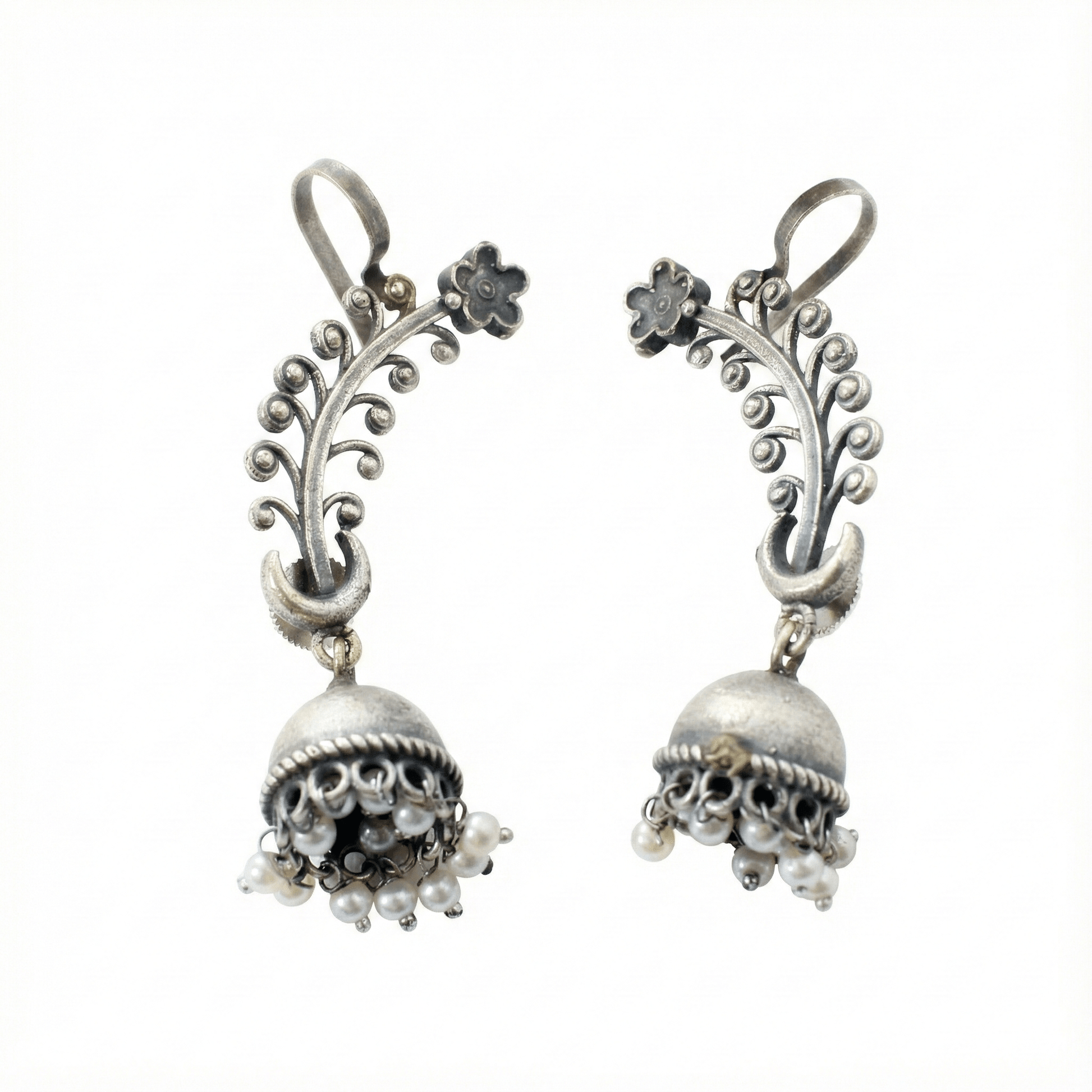 Floral Curve Oxidised German Silver Ear Cuff with Pearl Jhumka | Long Ethnic Ear Cuff - Maxiblink