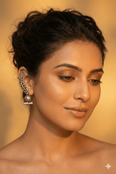 Floral Curve Oxidised German Silver Ear Cuff with Pearl Jhumka | Long Ethnic Ear Cuff - Maxiblink