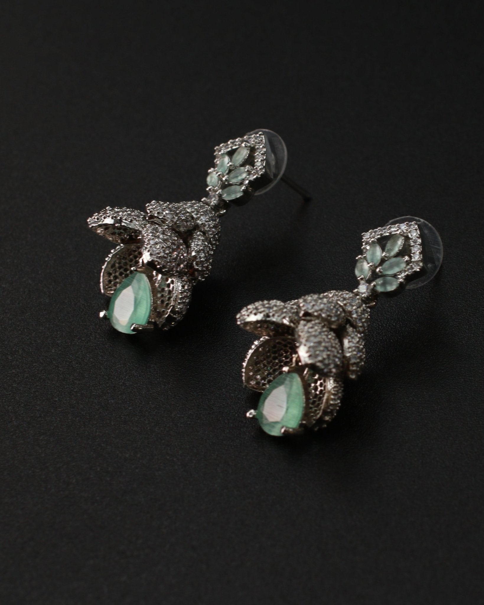 Floral Drop Earrings with Mint Green Gemstone & Pave CZ – Designer Statement Jewelry - Maxiblink
