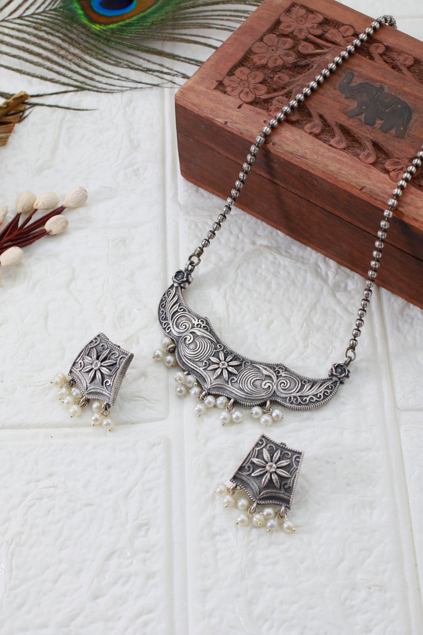 Floral Engraved Collar Pendant Set with Pearls | Oxidised German Silver - Maxiblink