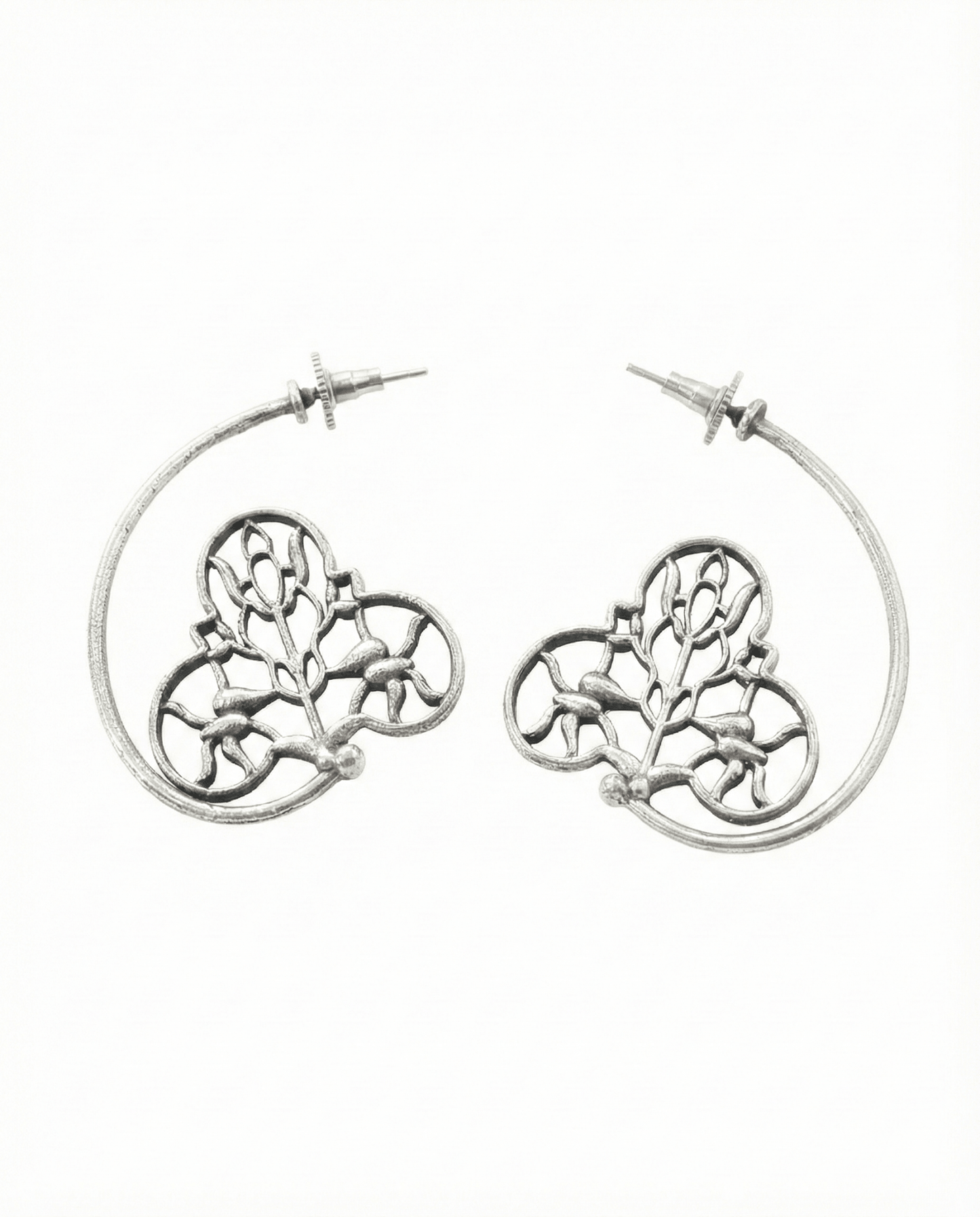 Floral Filigree Crescent Oxidised German Silver Earrings | Artistic Antique Statement Earrings - Maxiblink