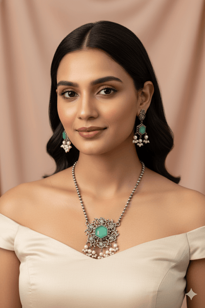 Floral Filigree Hexa Pendant Set with Green Monalisa | Oxidised German Silver - Maxiblink