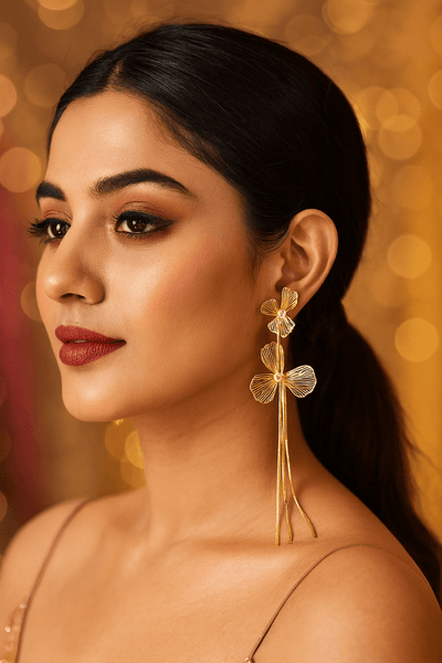 Floral Gold Wire Drop Earrings with Crystal Center – Lightweight Anti - Tarnish Design - Maxiblink