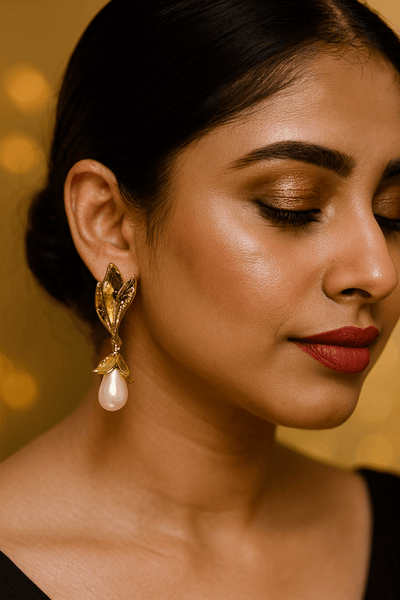 Floral Pearl Drop Gold Earrings - Maxiblink