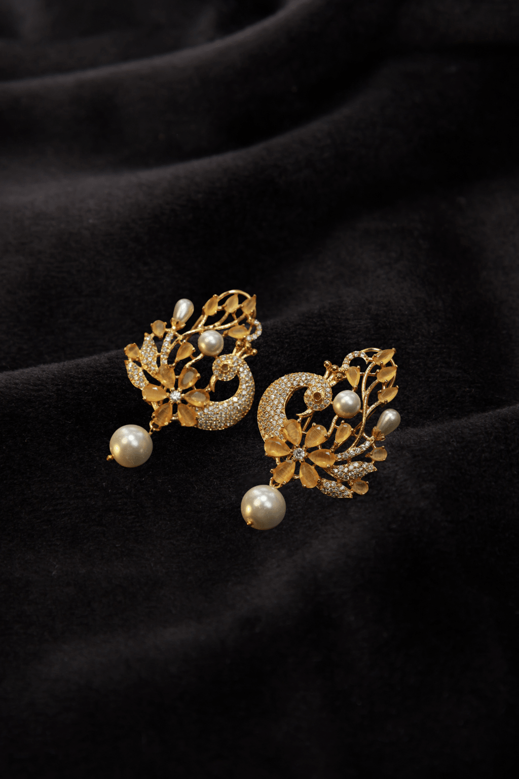 Floral Pearl Drop Gold Finish Premium AD Earrings - Maxiblink