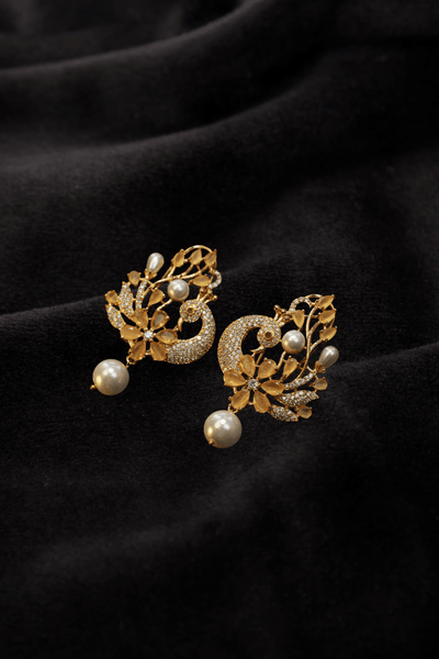 Floral Pearl Drop Gold Finish Premium AD Earrings - Maxiblink