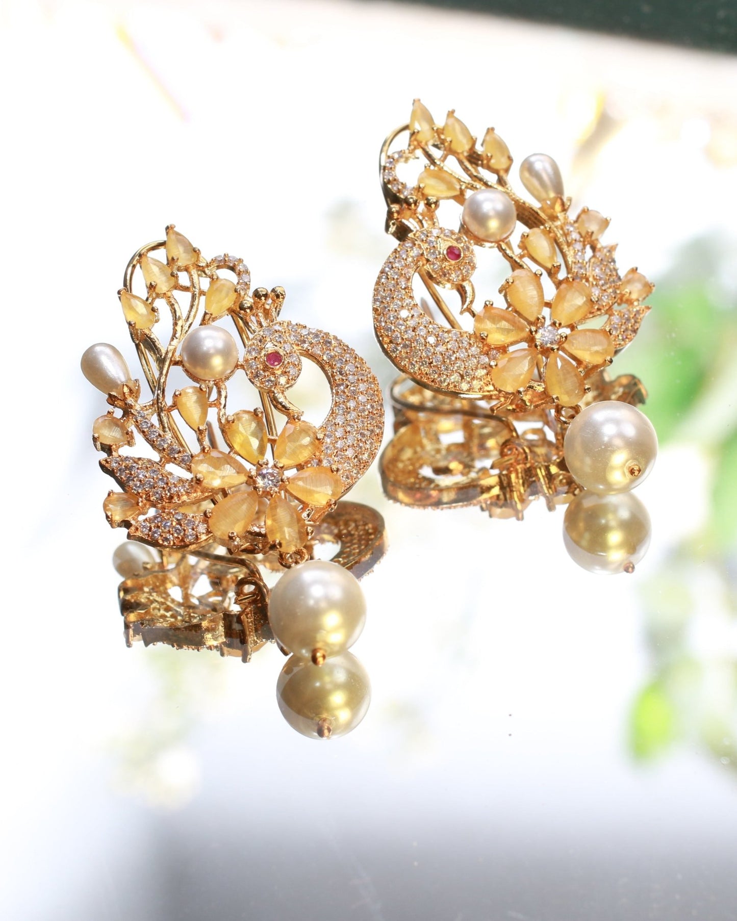 Floral Pearl Drop Gold Finish Premium AD Earrings - Maxiblink