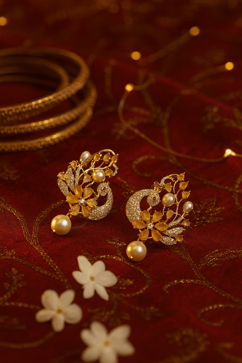 Floral Pearl Drop Gold Finish Premium AD Earrings - Maxiblink