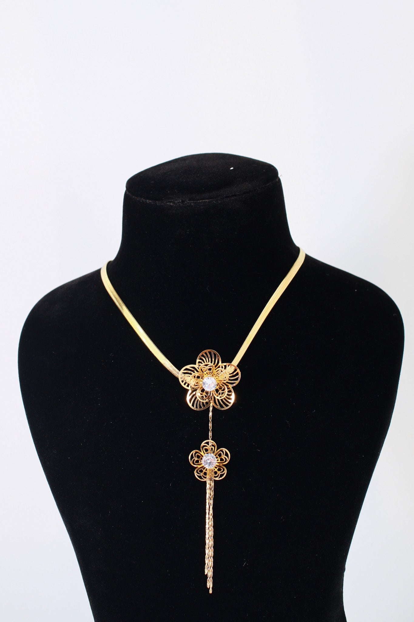 Floral Pendant Necklace – Double Flower Gold Plated Design with CZ Stones - Maxiblink
