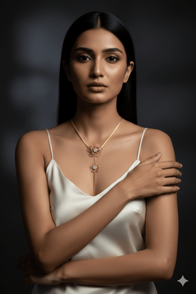 Floral Pendant Necklace – Double Flower Gold Plated Design with CZ Stones - Maxiblink