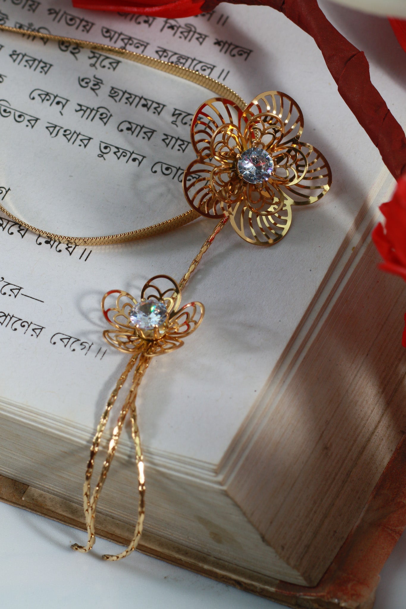 Floral Pendant Necklace – Double Flower Gold Plated Design with CZ Stones - Maxiblink