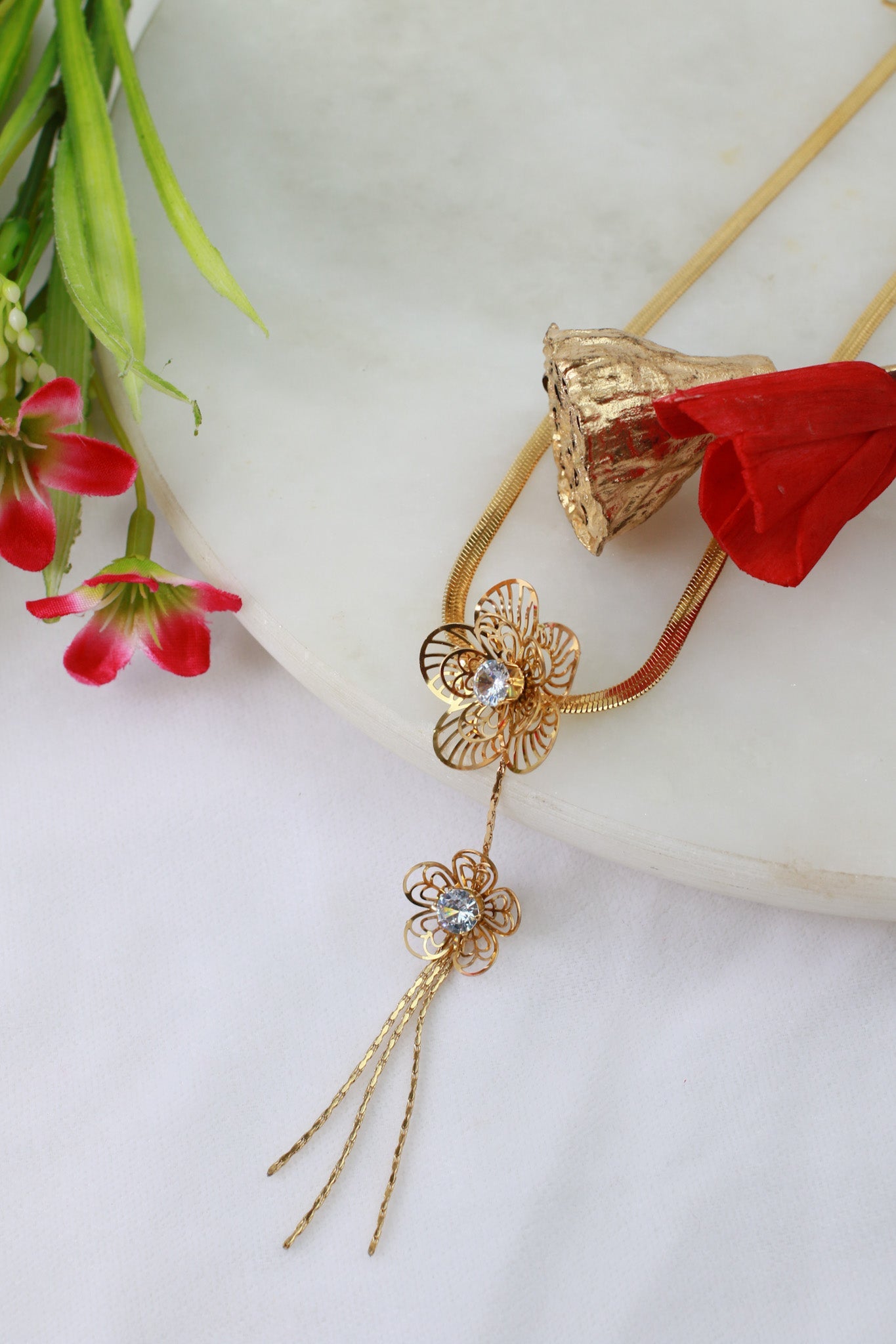 Floral Pendant Necklace – Double Flower Gold Plated Design with CZ Stones - Maxiblink