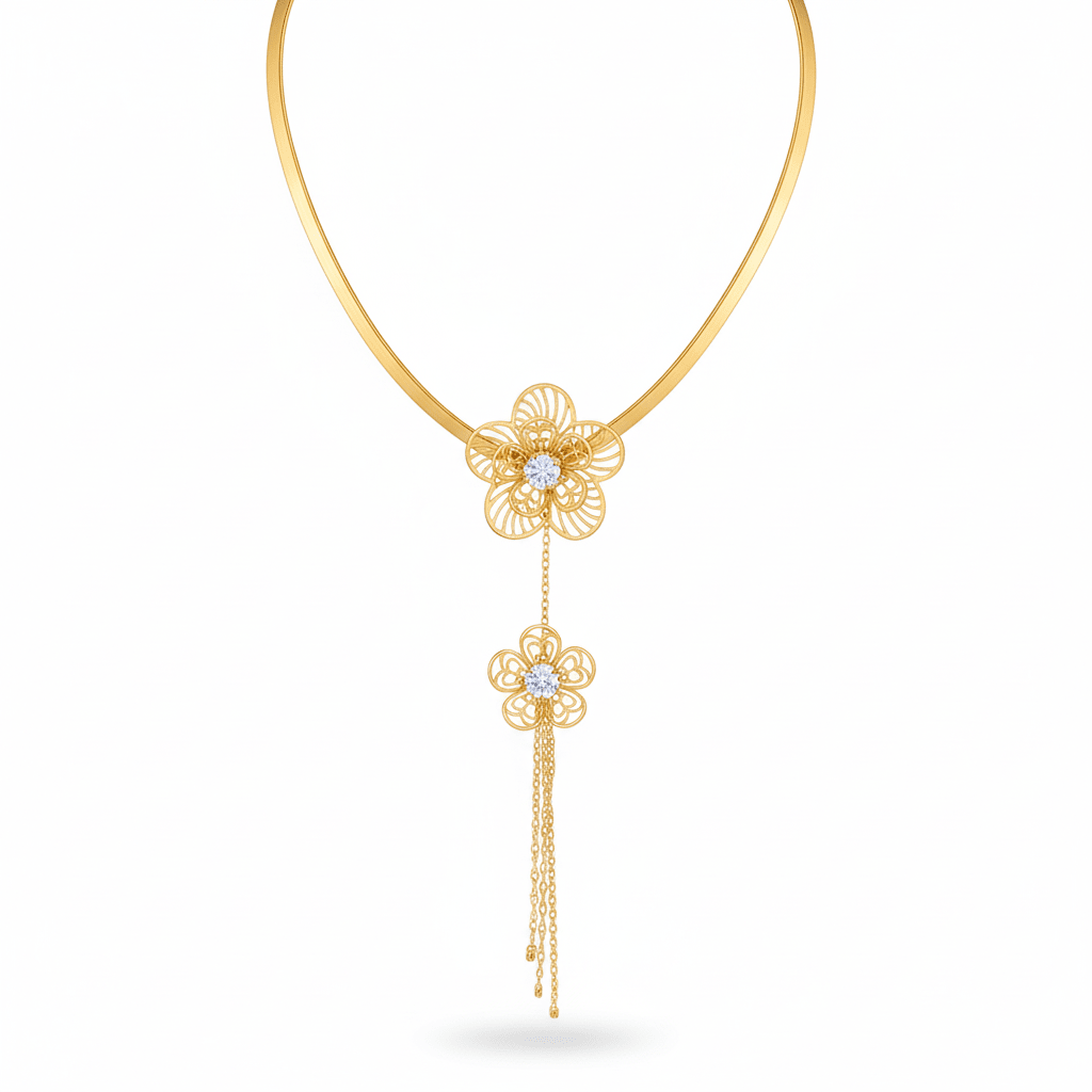 Floral Pendant Necklace – Double Flower Gold Plated Design with CZ Stones - Maxiblink