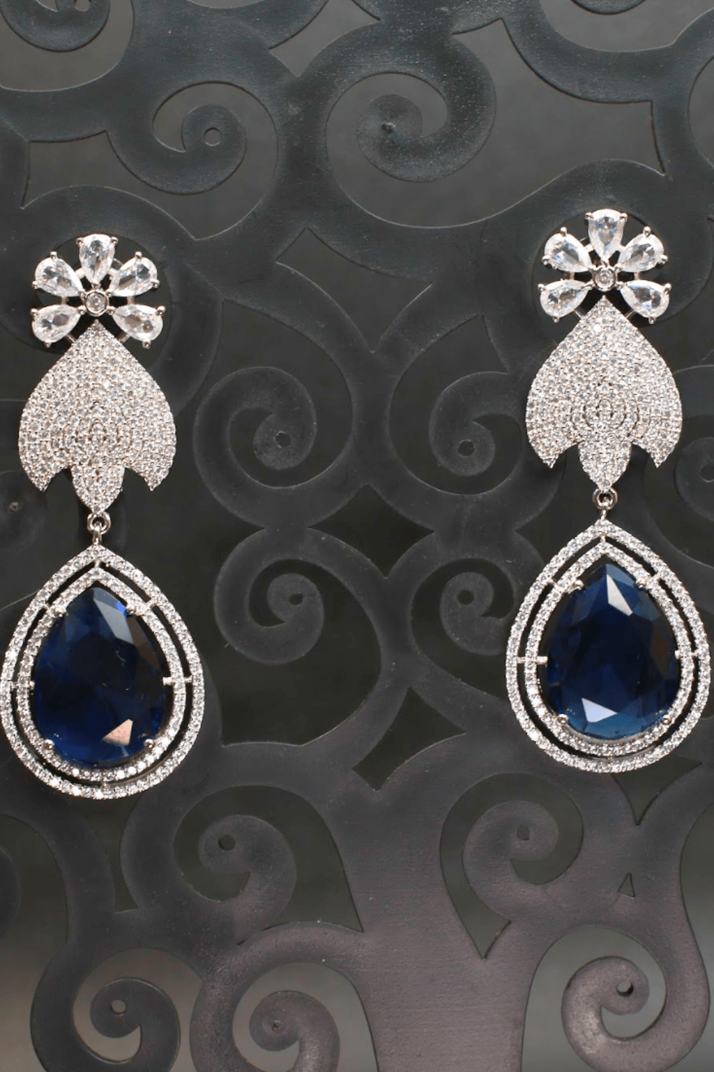 Floral Stud Earrings with Large Blue Drop - Maxiblink