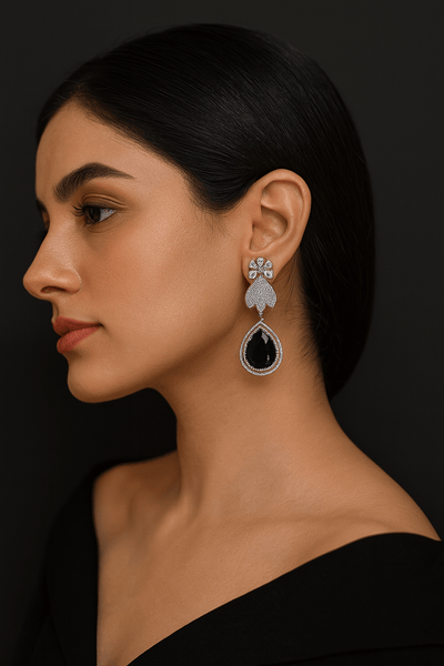 Floral Stud Earrings with Large Blue Drop - Maxiblink