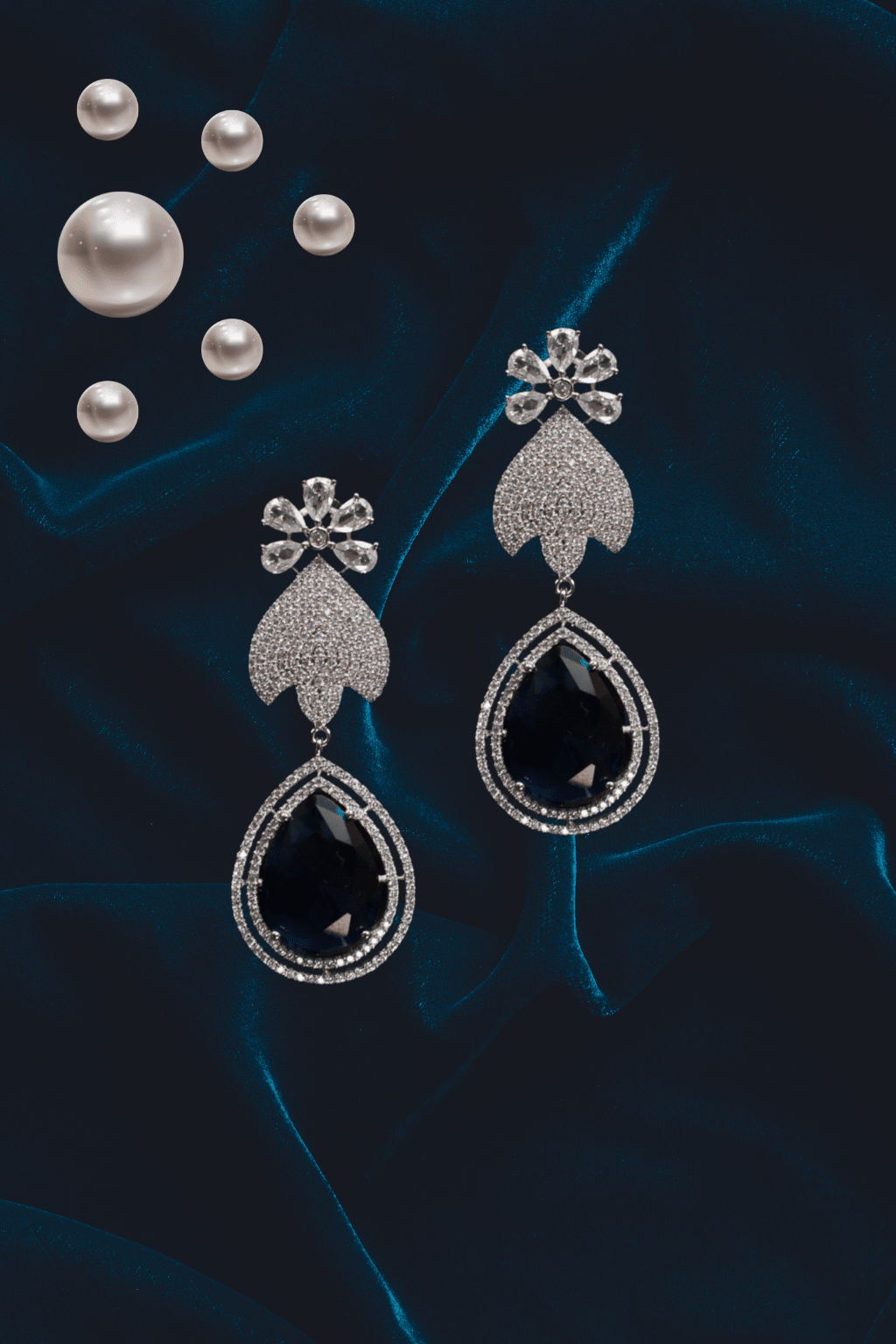 Floral Stud Earrings with Large Blue Drop - Maxiblink