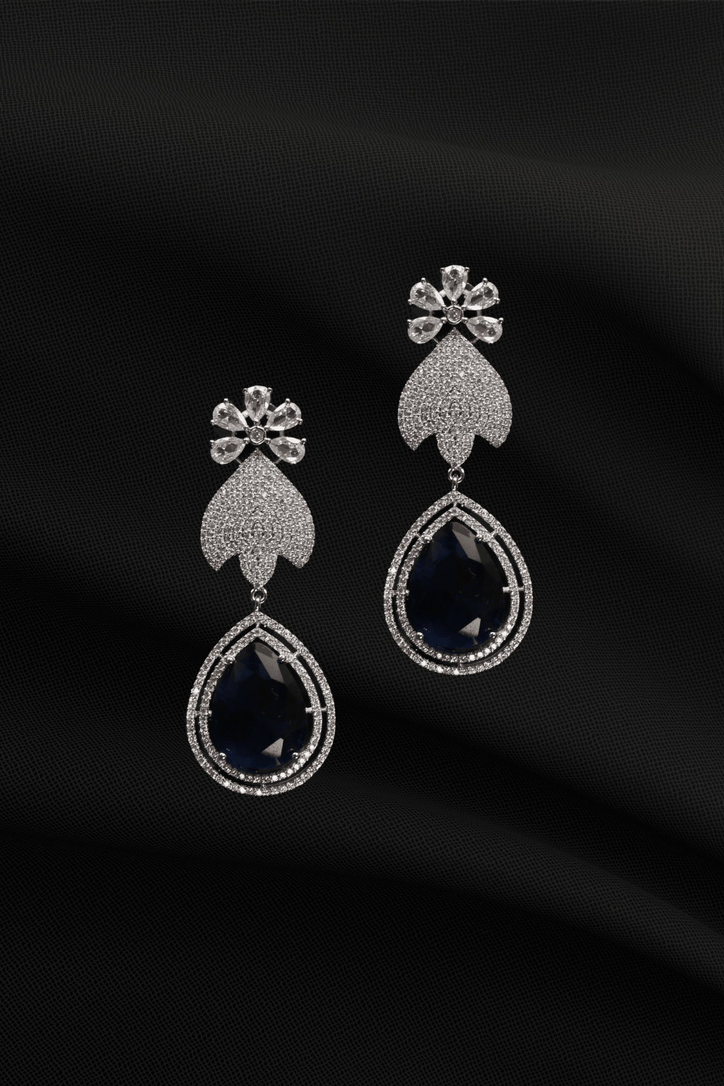 Floral Stud Earrings with Large Blue Drop - Maxiblink