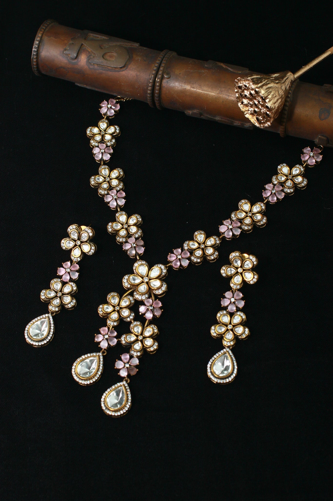 Floral Temple Necklace Set with Kundan & Teardrop Charms - Maxiblink