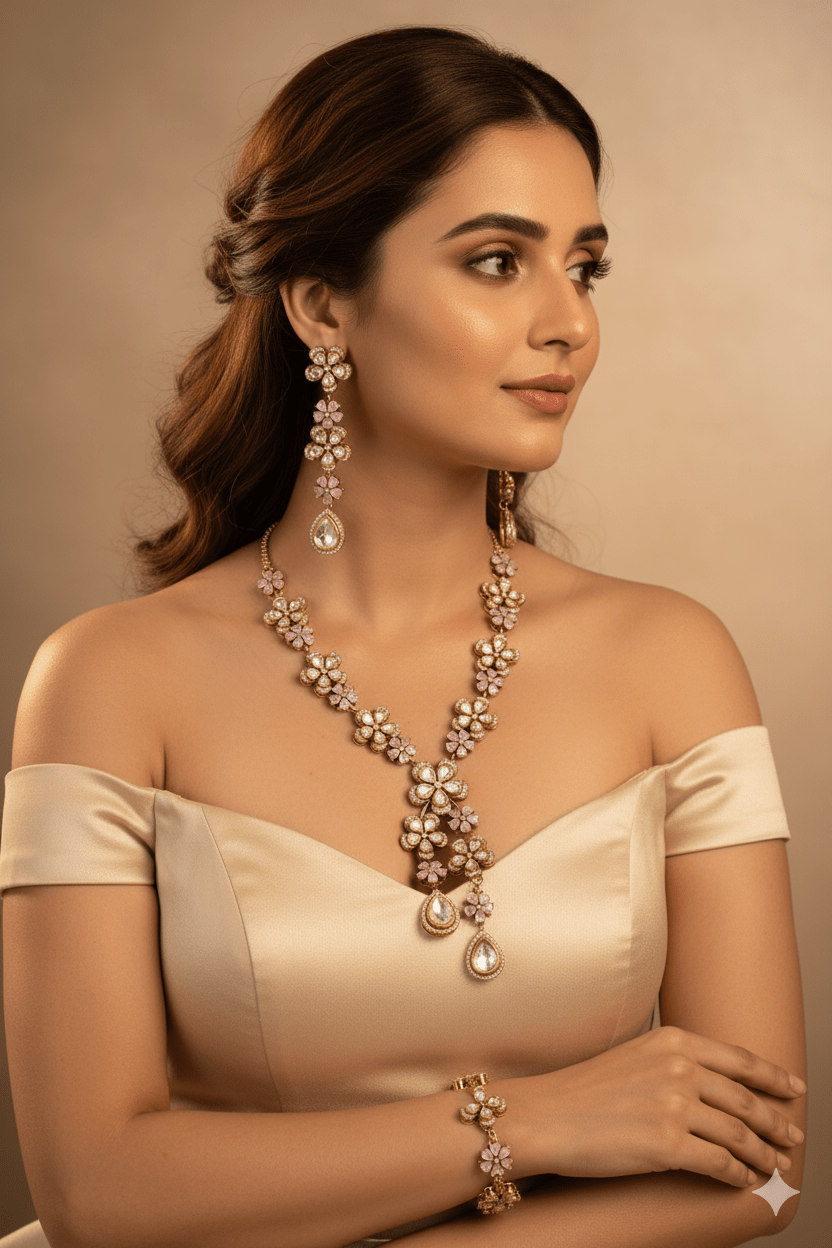 Floral Temple Necklace Set with Kundan & Teardrop Charms - Maxiblink