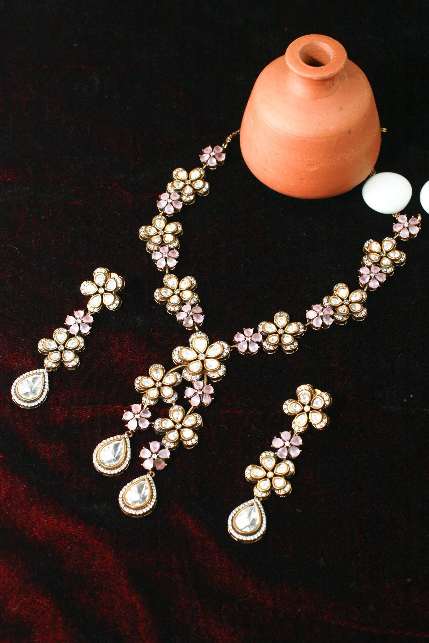 Floral Temple Necklace Set with Kundan & Teardrop Charms - Maxiblink