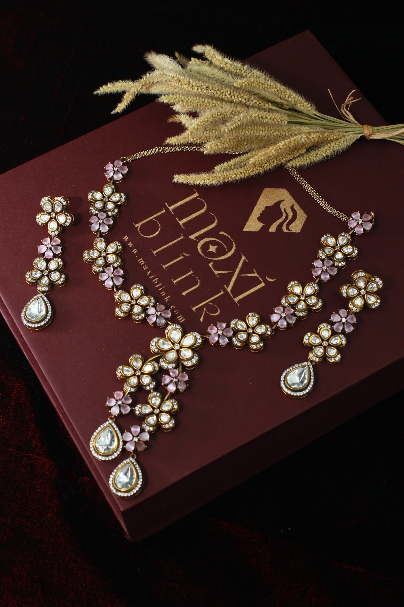 Floral Temple Necklace Set with Kundan & Teardrop Charms - Maxiblink