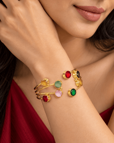 Four Wire Multicolour Stone Open Cuff Bracelet - Maxiblink