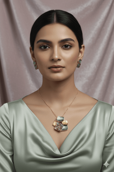 Geometric Abalone Green Pendant Set - Modern Luxury Enamel Necklace & Earrings | Anti Tarnish - Maxiblink