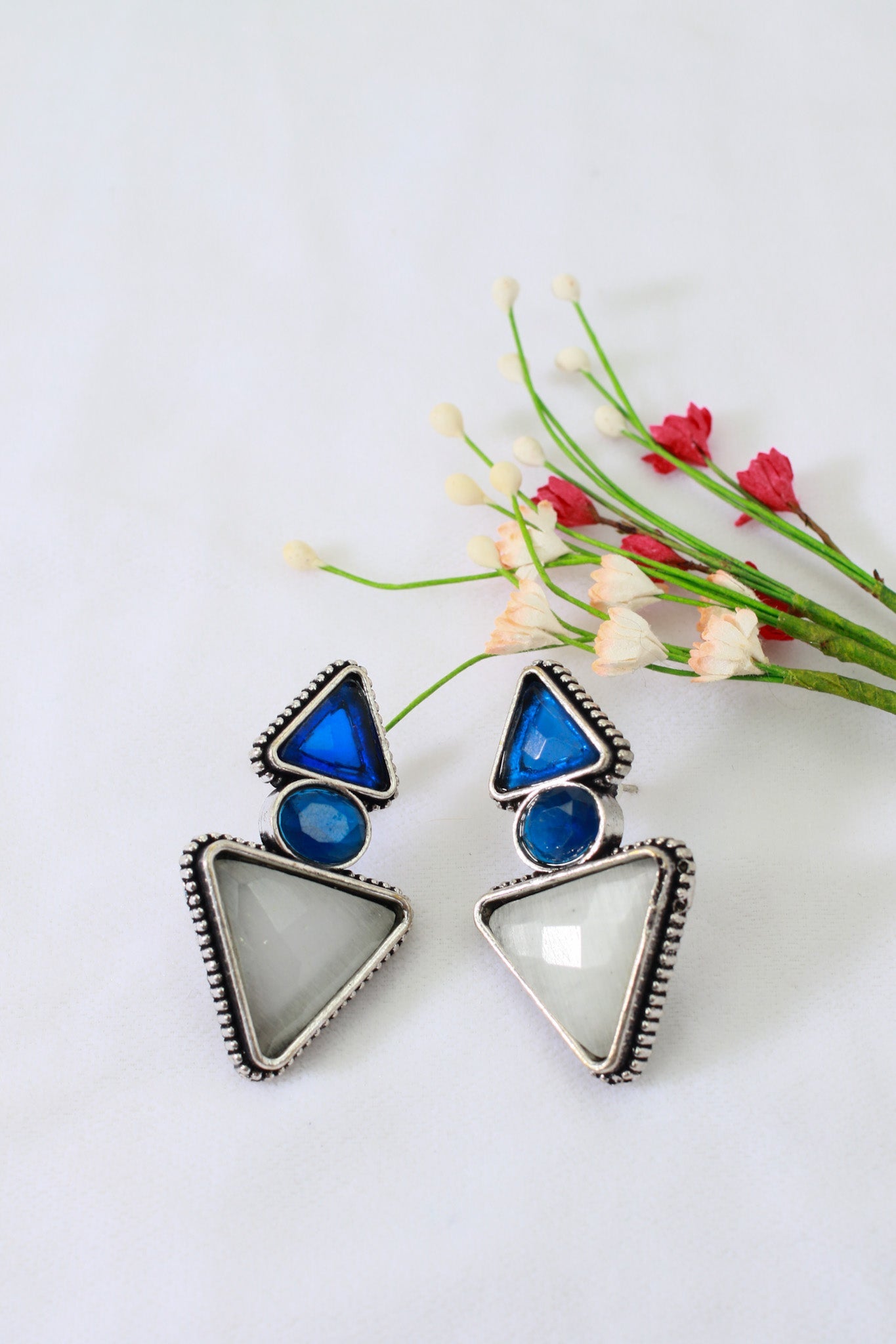 Geometric Blue & White Monalisa German Silver Oxidised Stud Earrings - Maxiblink