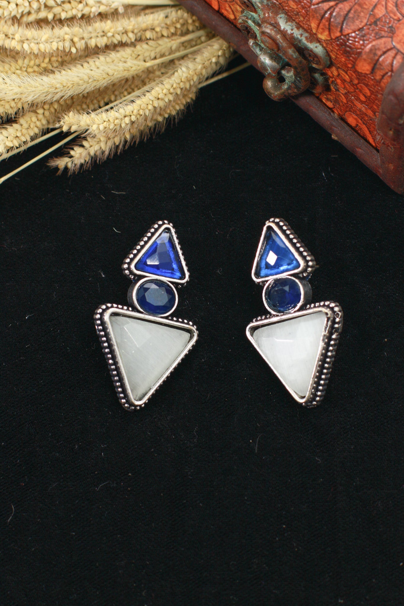 Geometric Blue & White Monalisa German Silver Oxidised Stud Earrings - Maxiblink